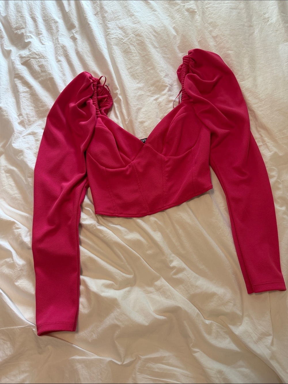 Zara Hot Pink Puff-Sleeve Cropped Bustier Top